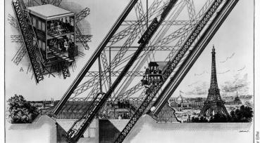 Détails construction et fonctionnement ascenseurs Otis - gravure N & B - Expo Paris 1889